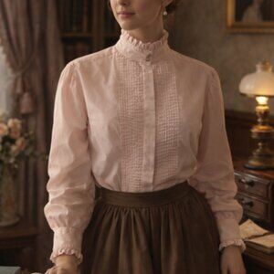 Vtg SERO Pink Ruffle Pleat Edwardian Victorian Modest Shirt Blouse Women's 8 💰